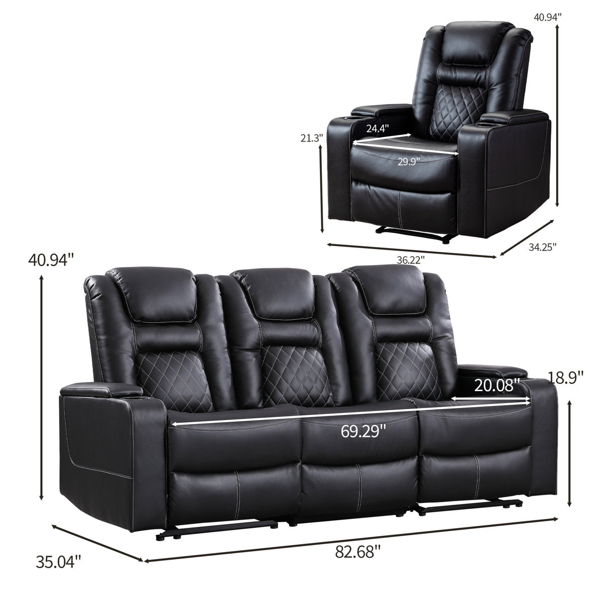 Drennen 3-Piece Power Recliner Home Theater Living Room Set With USB Charging & Storage & Cupholders