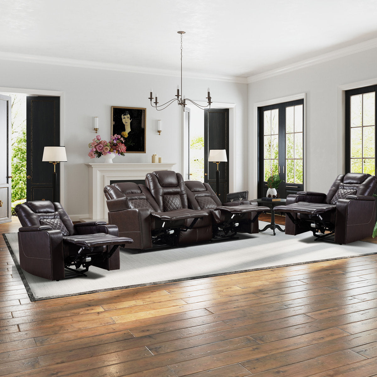 Drennen 3-Piece Power Recliner Home Theater Living Room Set With USB Charging & Storage & Cupholders