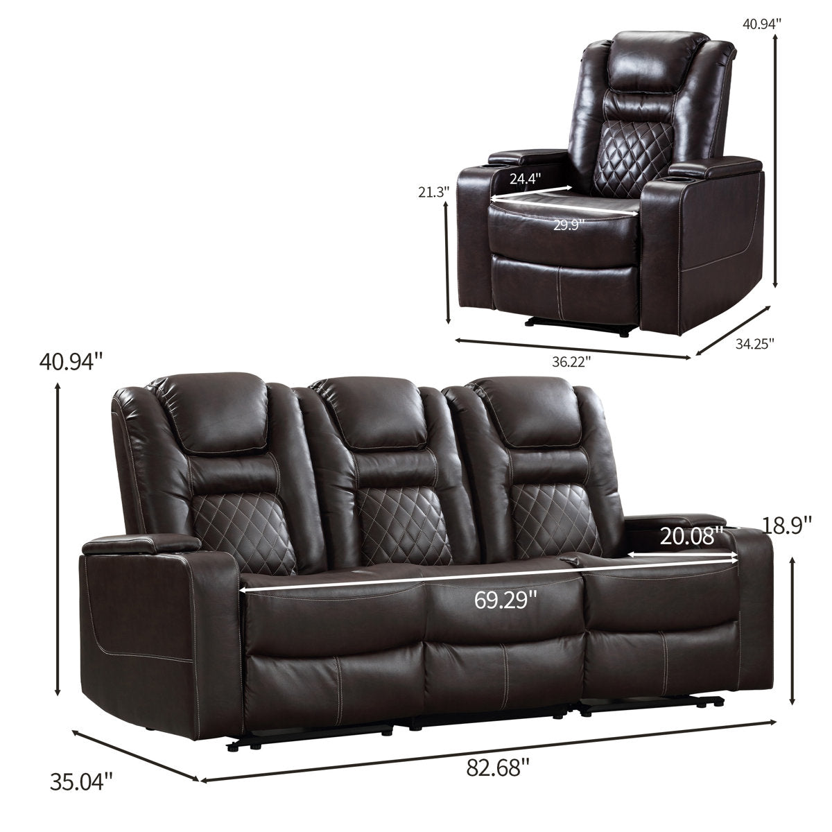 Drennen 3-Piece Power Recliner Home Theater Living Room Set With USB Charging & Storage & Cupholders