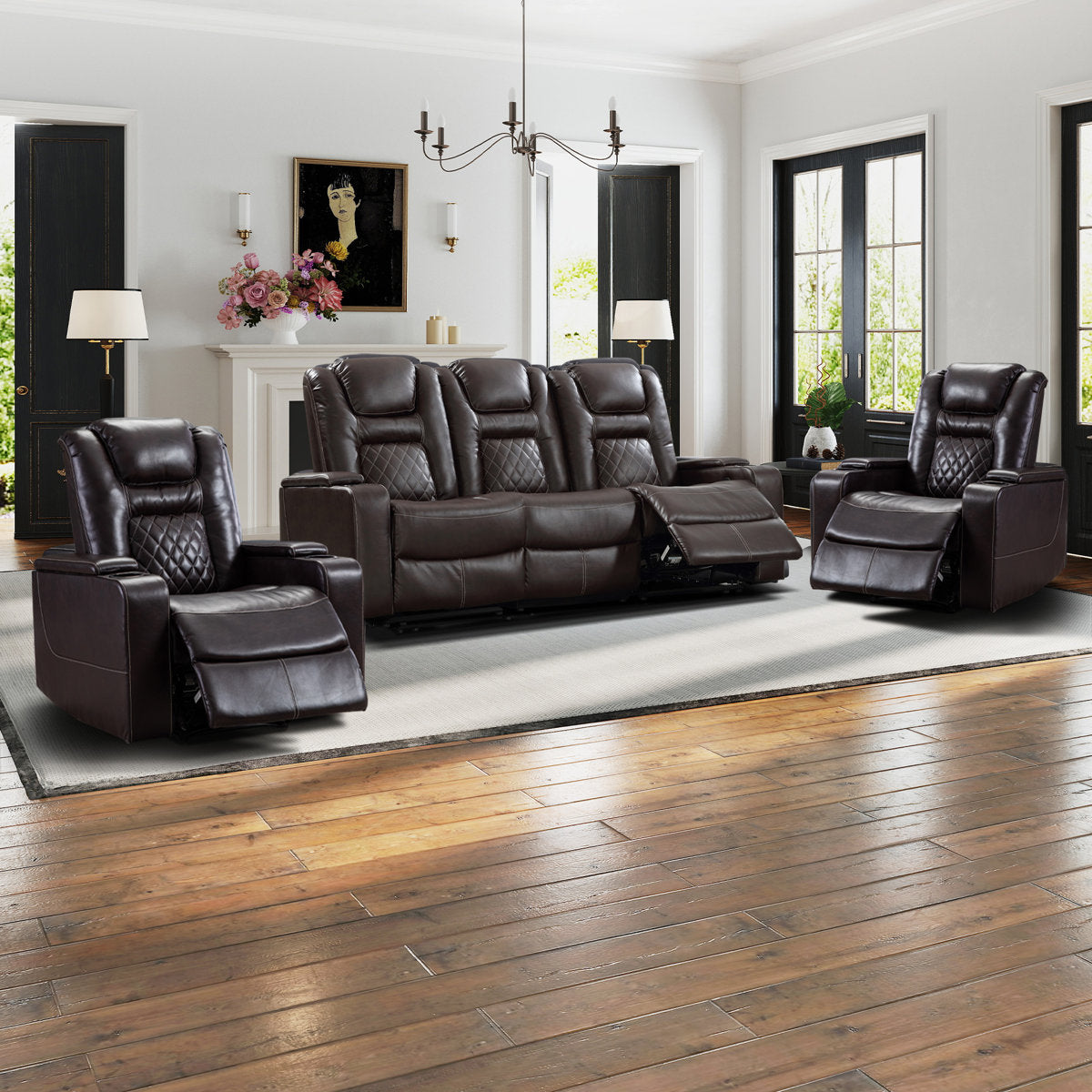 Drennen 3-Piece Power Recliner Home Theater Living Room Set With USB Charging & Storage & Cupholders