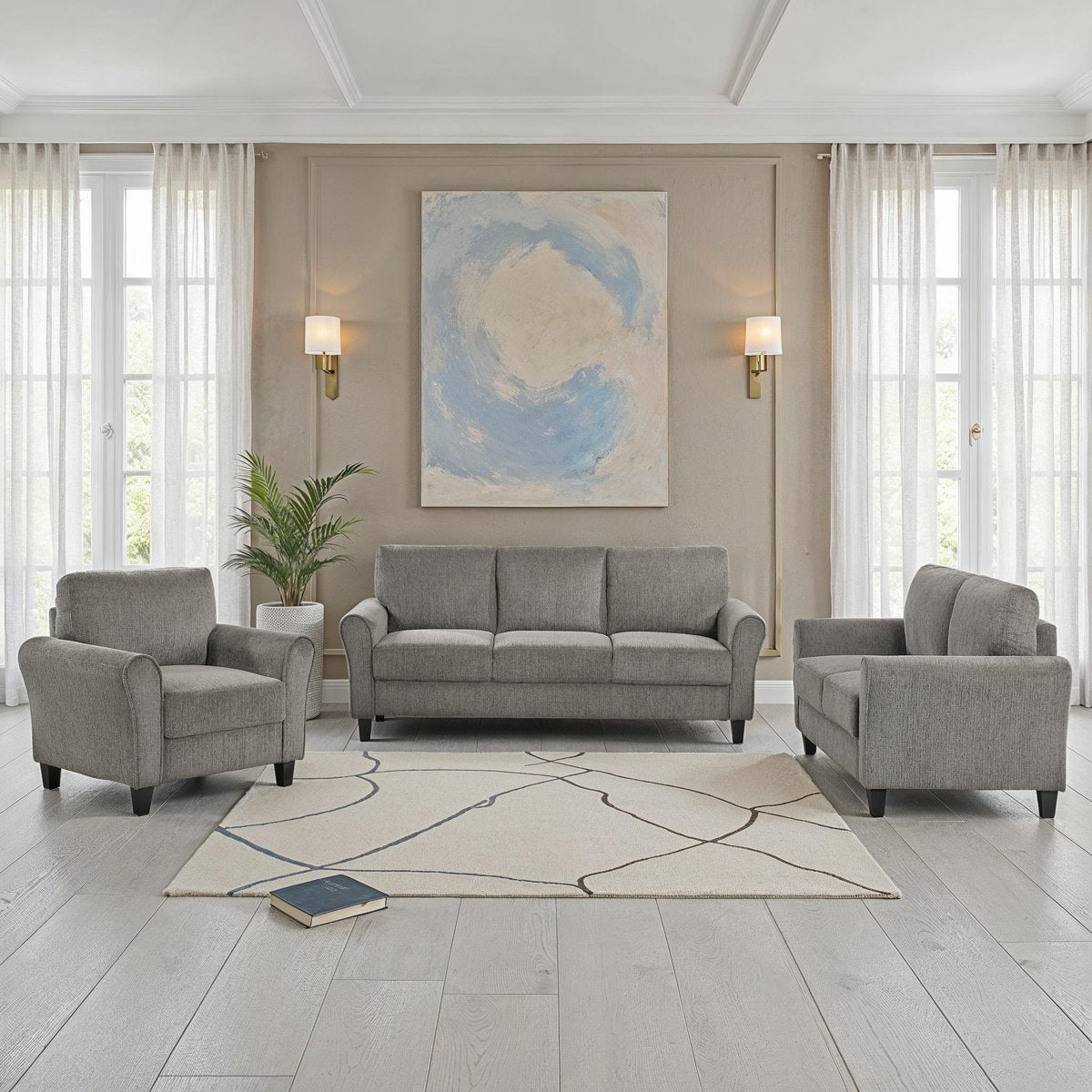 Emilio 3-Piece Upholstered Living Room Set - Plush Chenille Fabric Upholstery and Durable Solid Wood & Plywood Frame