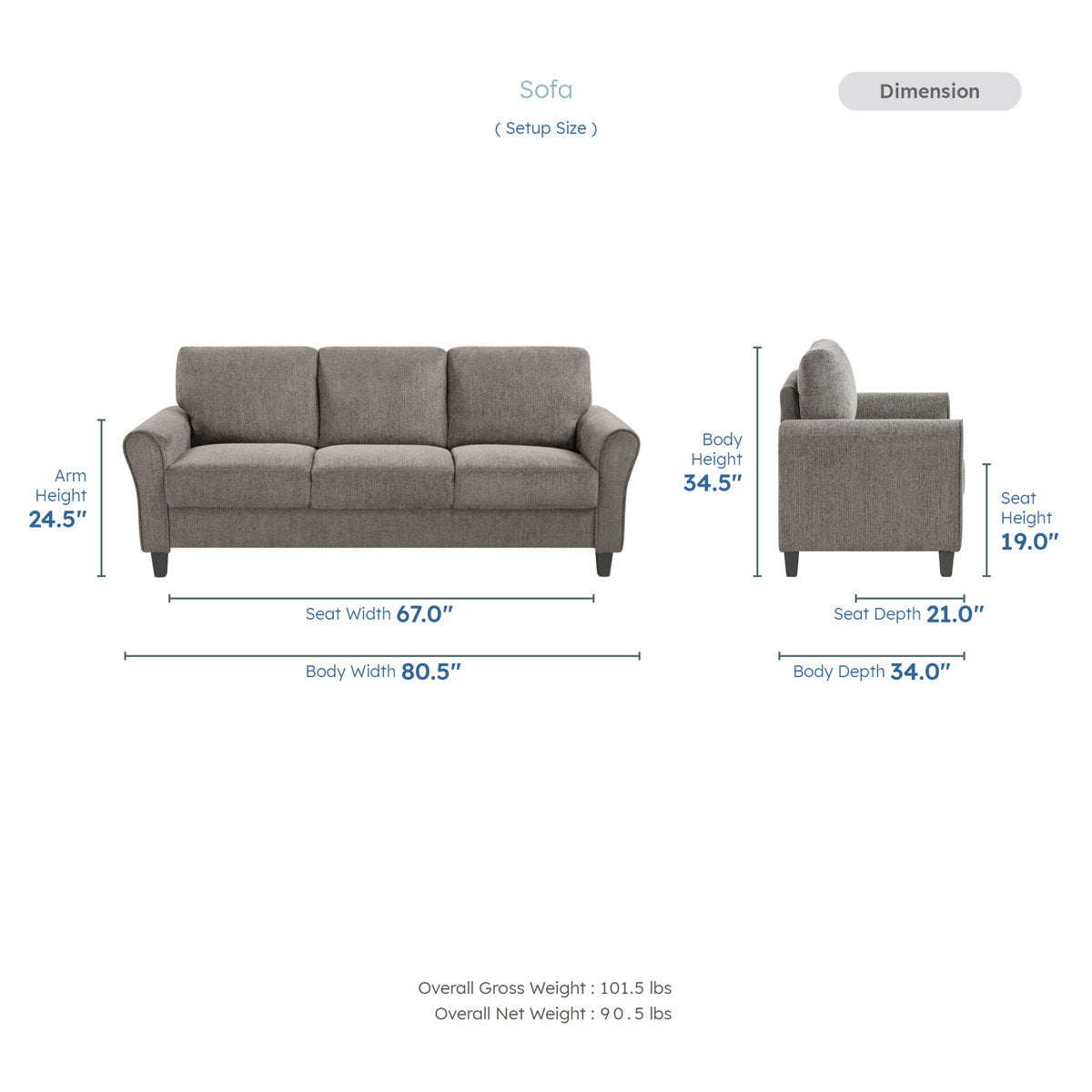 Emilio 3-Piece Upholstered Living Room Set - Plush Chenille Fabric Upholstery and Durable Solid Wood & Plywood Frame
