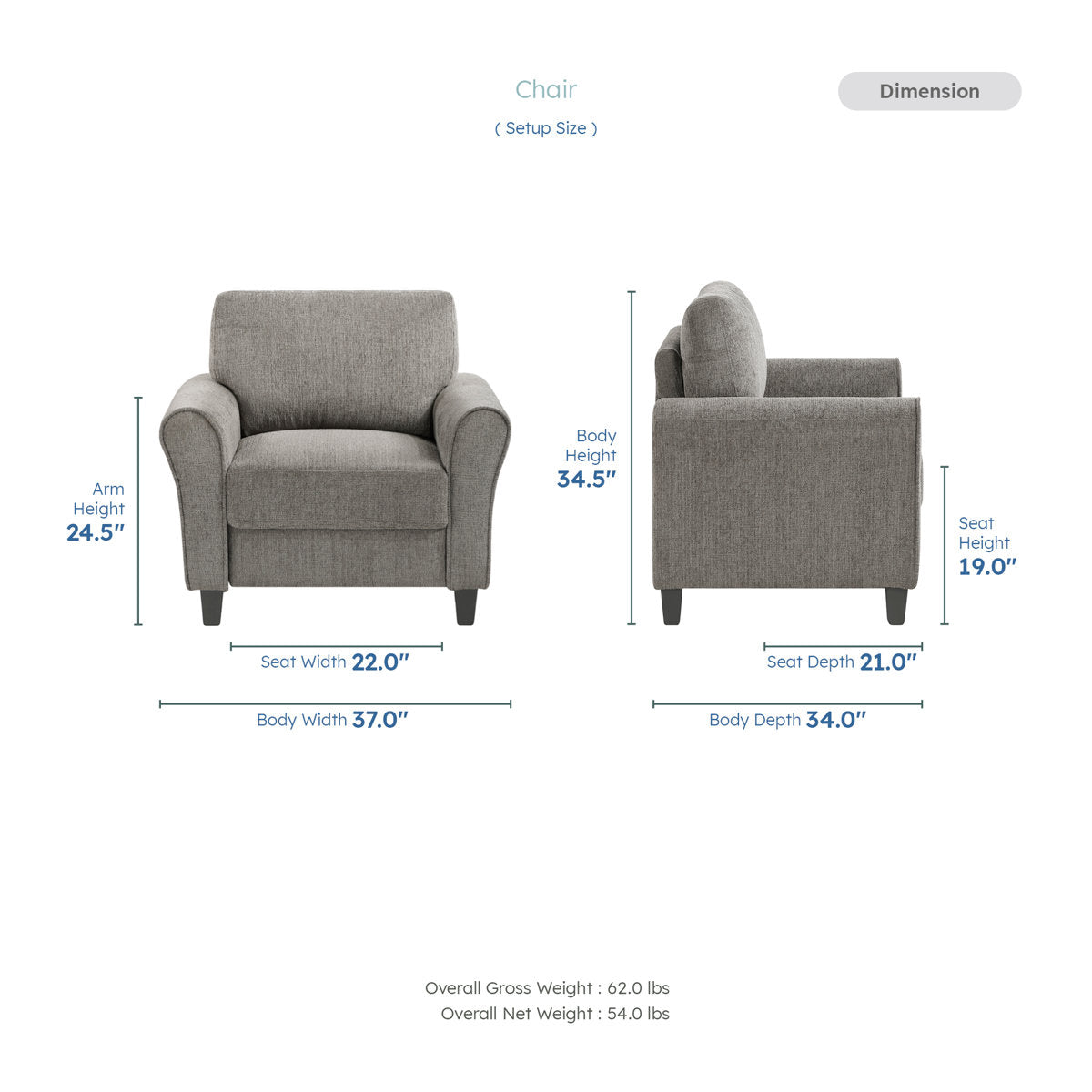 Emilio 3-Piece Upholstered Living Room Set - Plush Chenille Fabric Upholstery and Durable Solid Wood & Plywood Frame