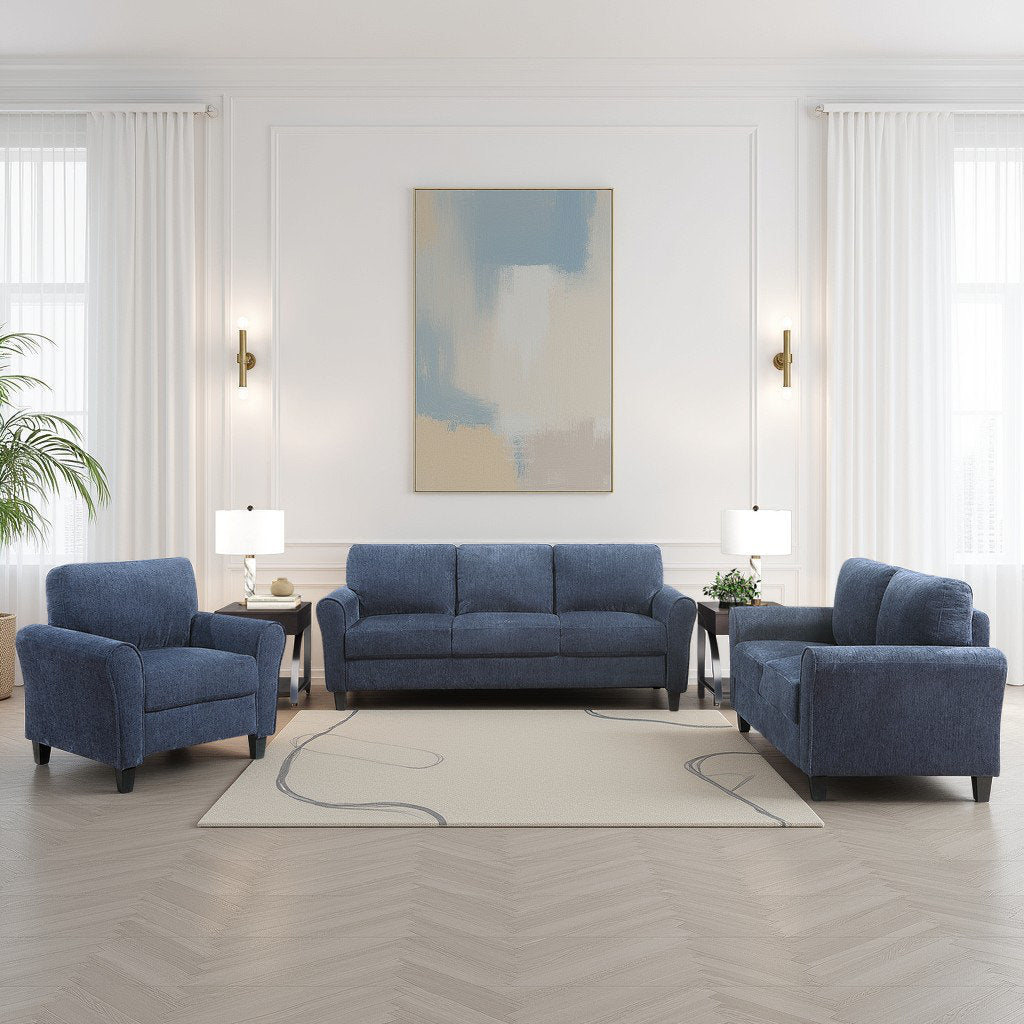 Emilio 3-Piece Upholstered Living Room Set - Plush Chenille Fabric Upholstery and Durable Solid Wood & Plywood Frame