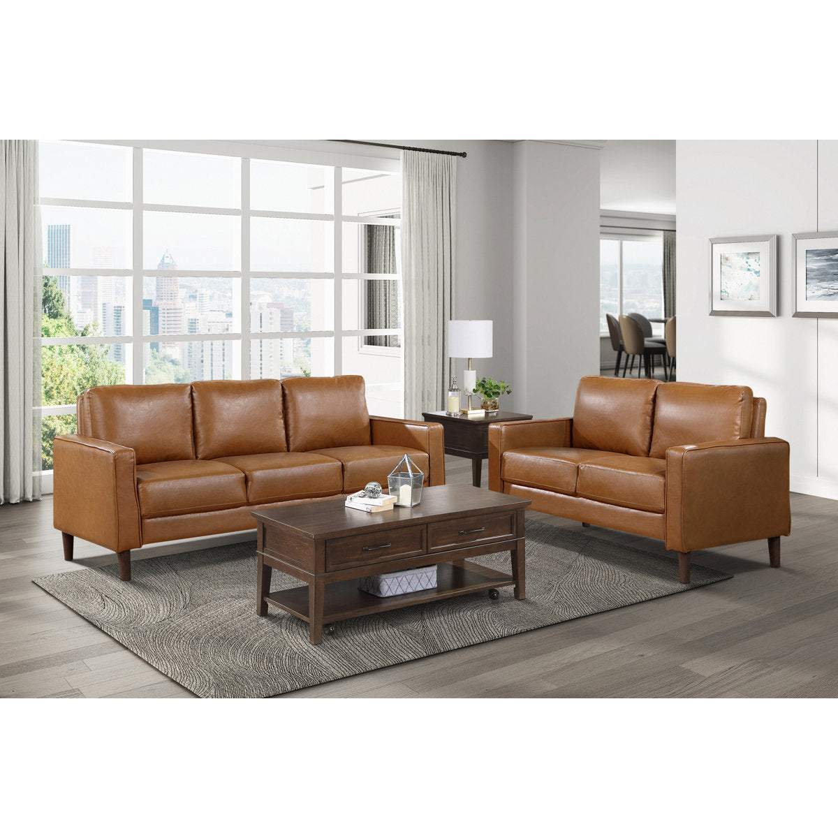 Eric Mid Century 2-Piece Living Room Set - Faux Leather with Easy-Care, Durable Solid Wood & Plywood Frame, Comfortable Foam & Pocket Coils, Complete 2-Piece Sofa & Loveseat Set