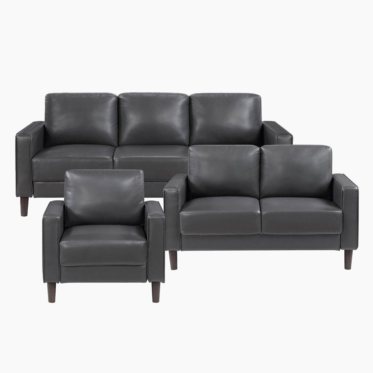 Eric Mid Century 3-Piece Living Room Set - Faux Leather with Easy-Care, Durable Solid Wood & Plywood Frame, Comfortable Foam & Pocket Coils, Complete 3-Piece: Chair, Sofa & Loveseat Set