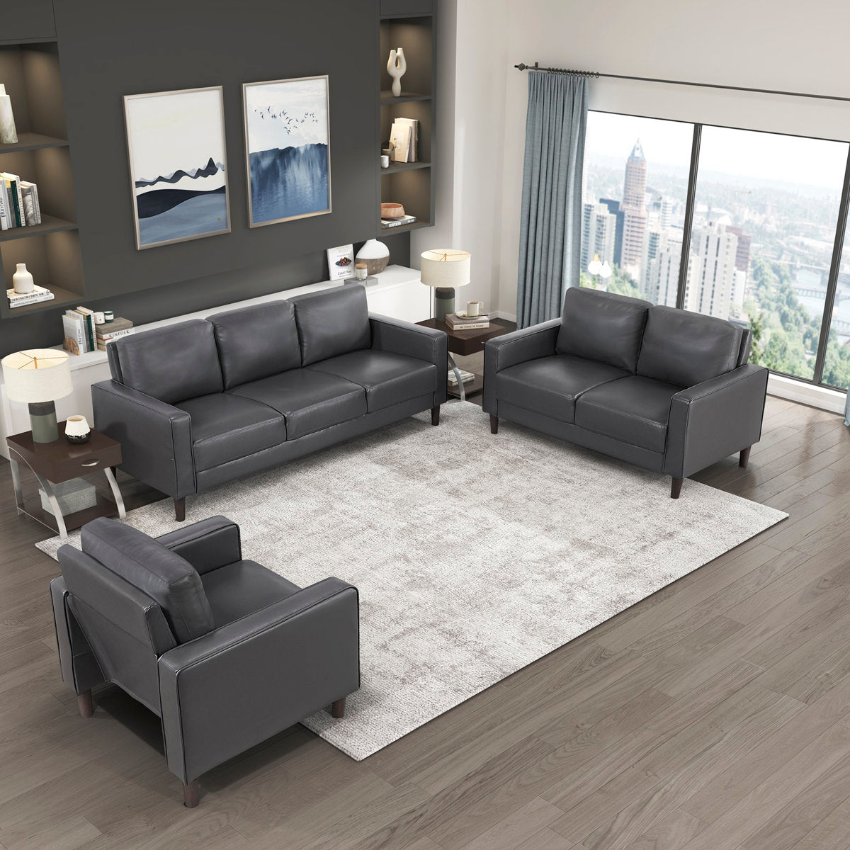 Eric Mid Century 3-Piece Living Room Set - Faux Leather with Easy-Care, Durable Solid Wood & Plywood Frame, Comfortable Foam & Pocket Coils, Complete 3-Piece: Chair, Sofa & Loveseat Set