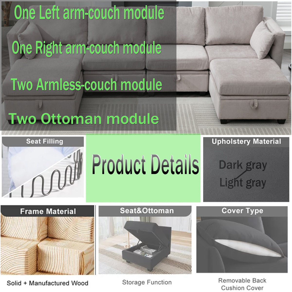 Hashim 6 - Piece Free Form Upholstered Convertible Modular Sofa Sectional with Storage