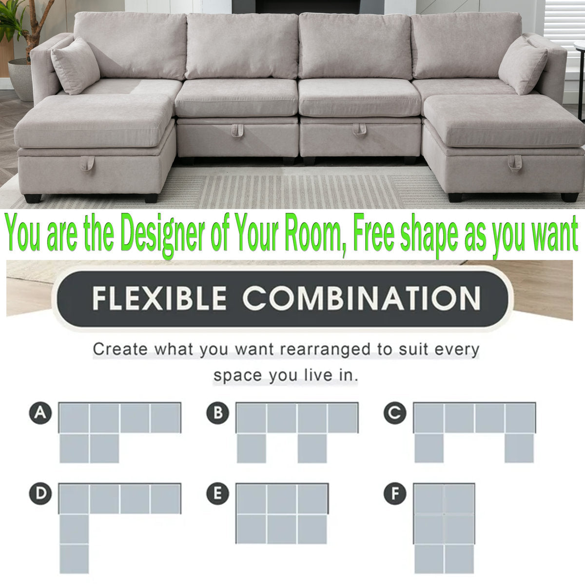 Hashim 6 - Piece Free Form Upholstered Convertible Modular Sofa Sectional with Storage