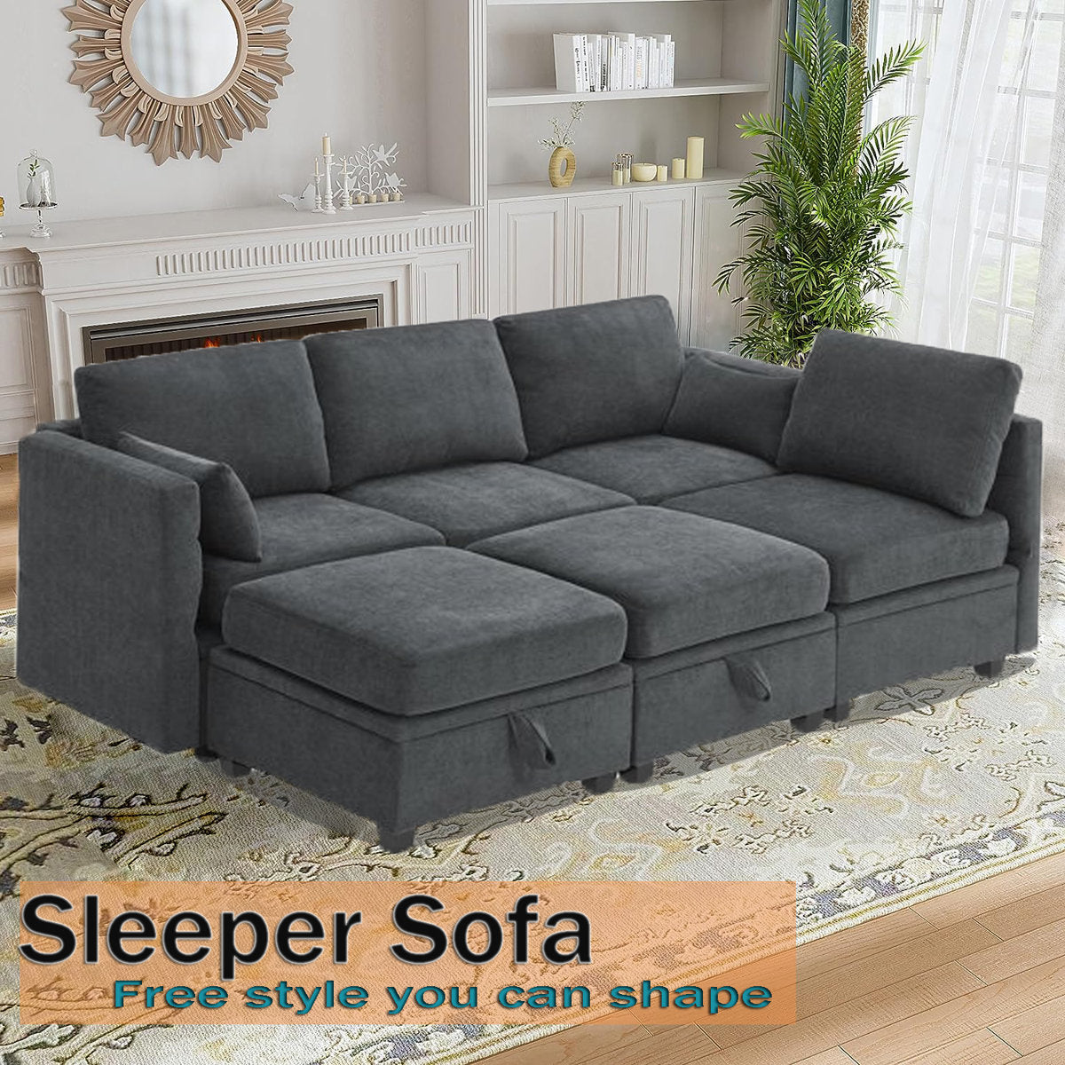 Hashim 6 - Piece Free Form Upholstered Convertible Modular Sofa Sectional with Storage