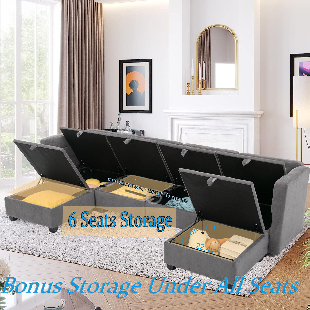 Hashim 6 - Piece Free Form Upholstered Convertible Modular Sofa Sectional with Storage