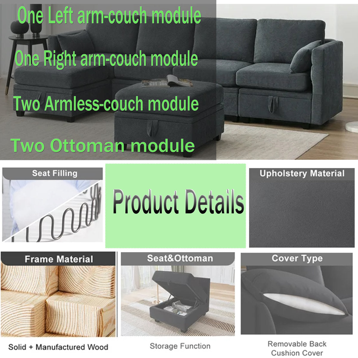 Hashim 6 - Piece Free Form Upholstered Convertible Modular Sofa Sectional with Storage