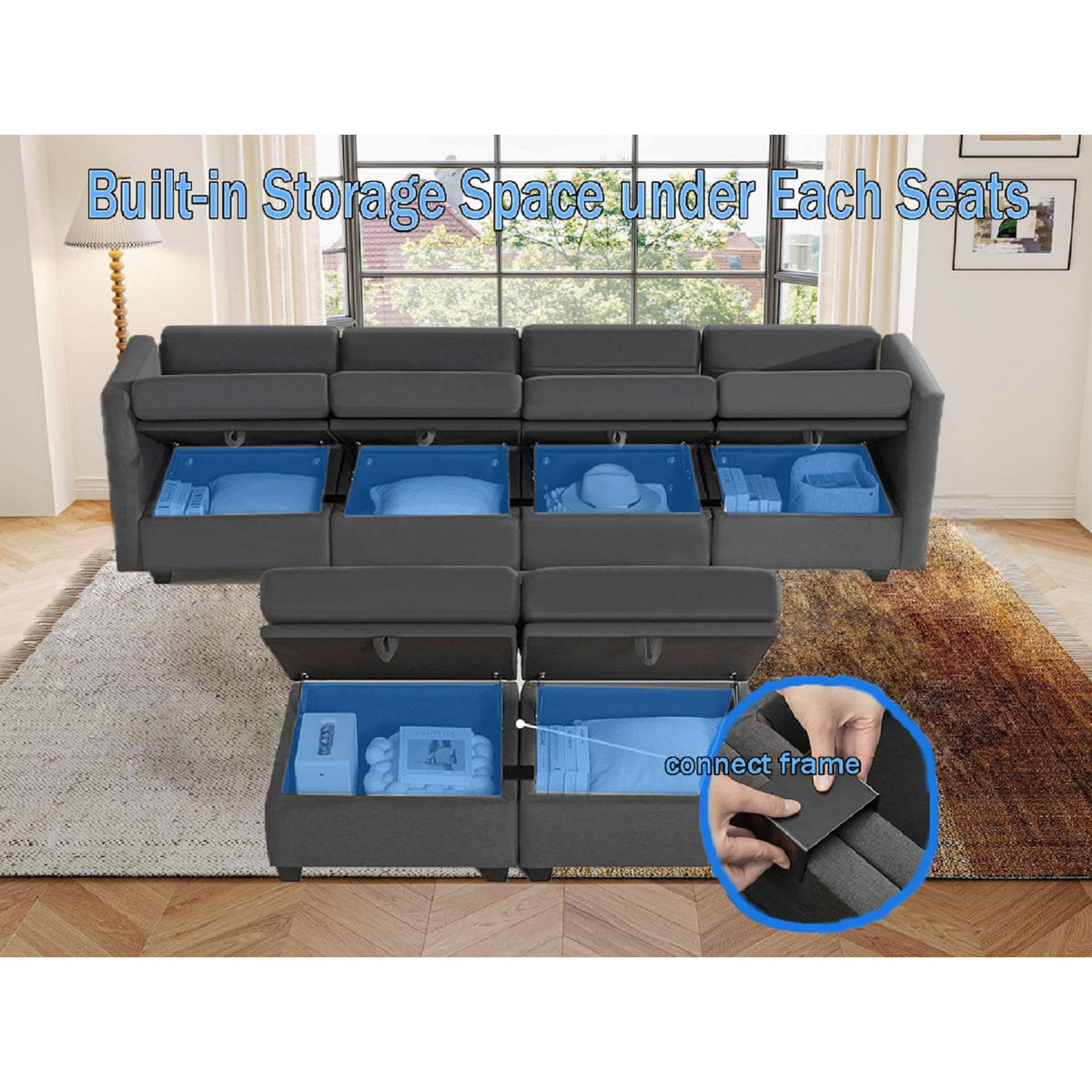 Hashim 6 - Piece Free Form Upholstered Convertible Modular Sofa Sectional with Storage