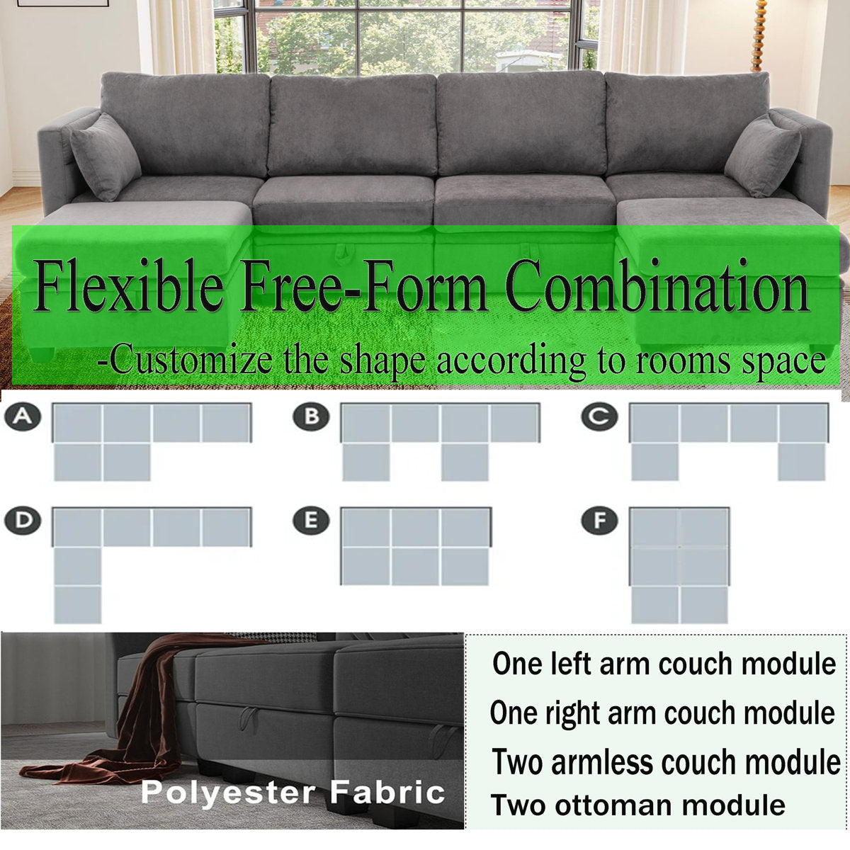 Hashim 6 - Piece Free Form Upholstered Convertible Modular Sofa Sectional with Storage