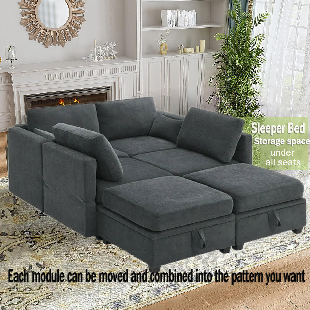 Hashim 6 - Piece Free Form Upholstered Convertible Modular Sofa Sectional with Storage