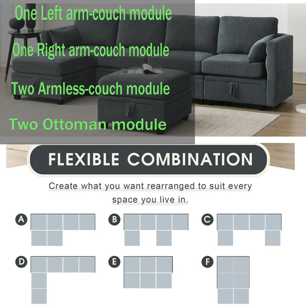 Hashim 6 - Piece Free Form Upholstered Convertible Modular Sofa Sectional with Storage