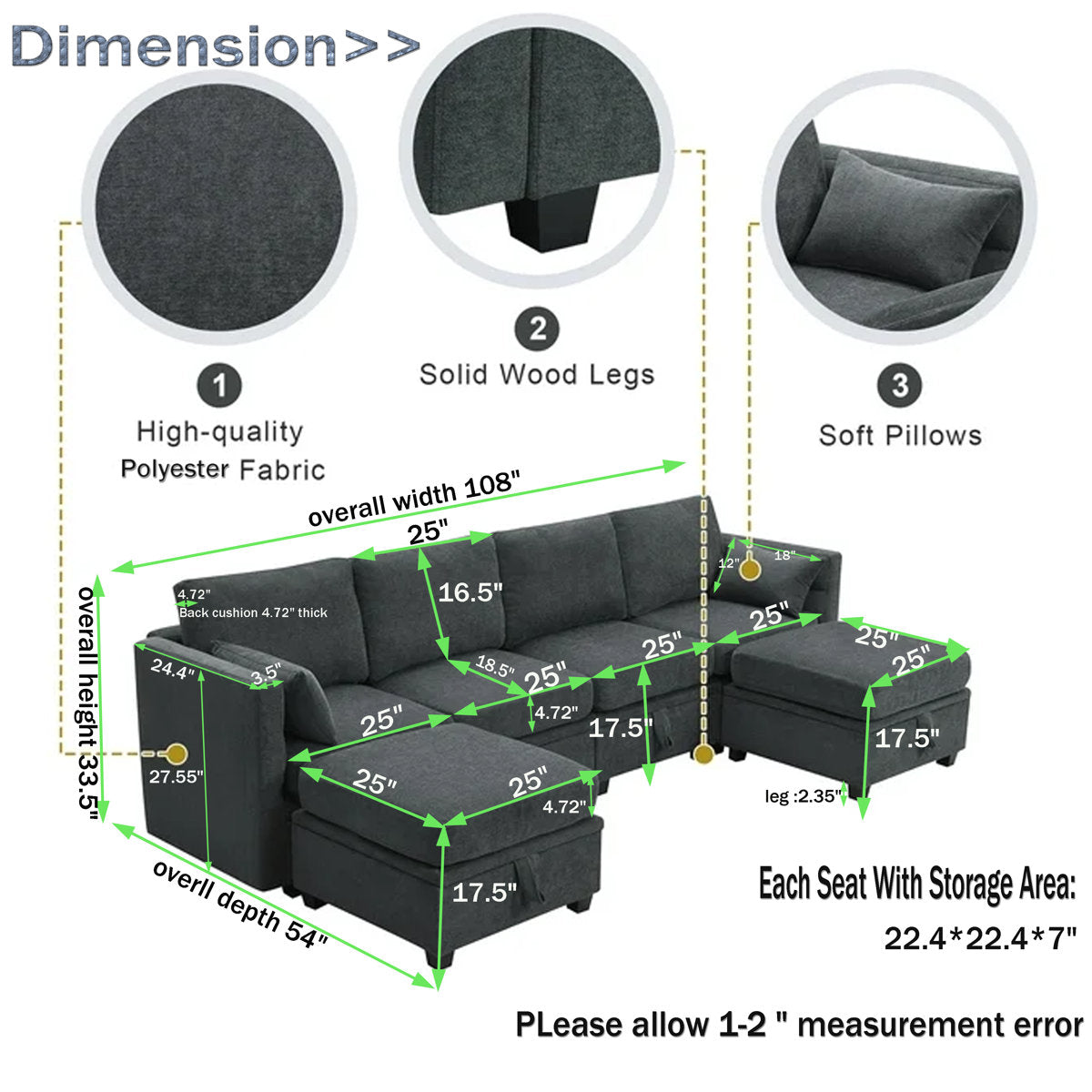 Hashim 6 - Piece Free Form Upholstered Convertible Modular Sofa Sectional with Storage
