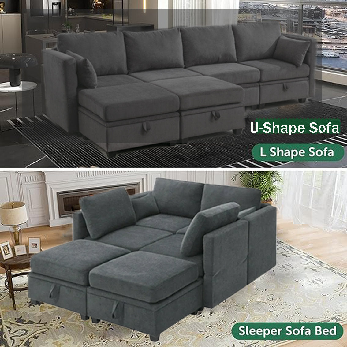 Hashim 6 - Piece Free Form Upholstered Convertible Modular Sofa Sectional with Storage