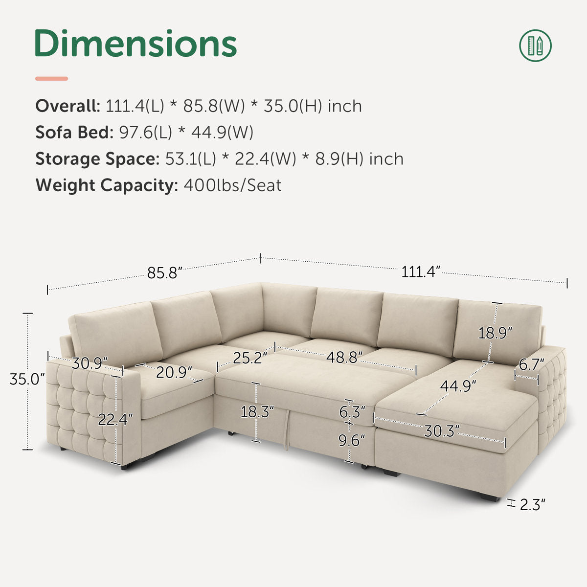 Hildur U-Shaped Sectional Sofa Bed Pull Out Sleeper Couch With Storage Chaise