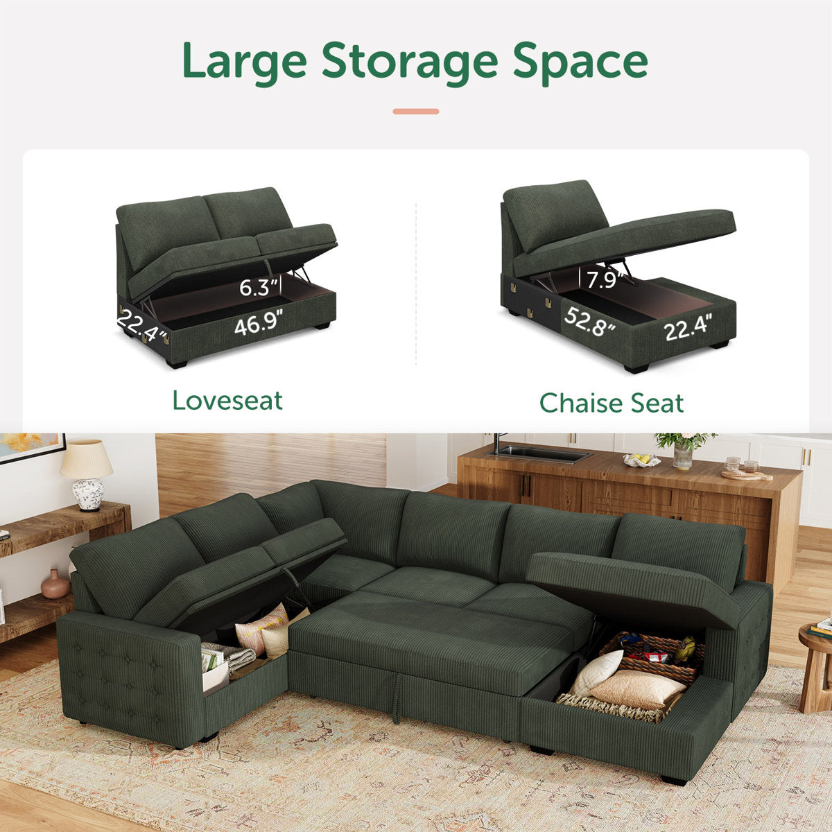 Honbay U-shaped Corduroy Sectional Sleeper Sofa Pull Out Sofa Bed