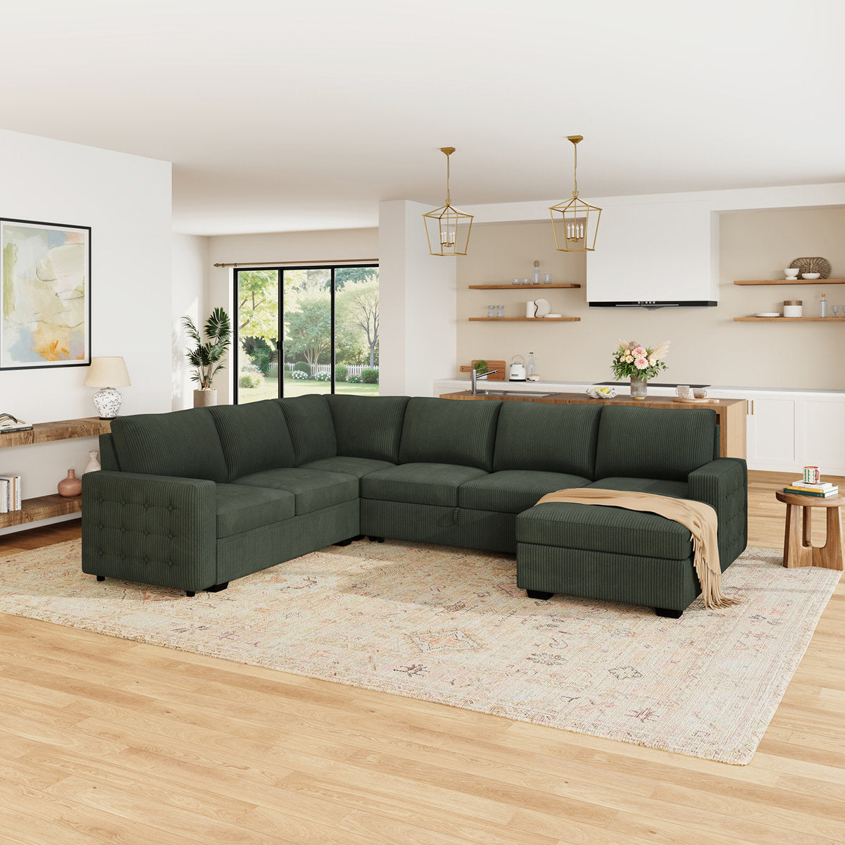 Honbay U-shaped Corduroy Sectional Sleeper Sofa Pull Out Sofa Bed