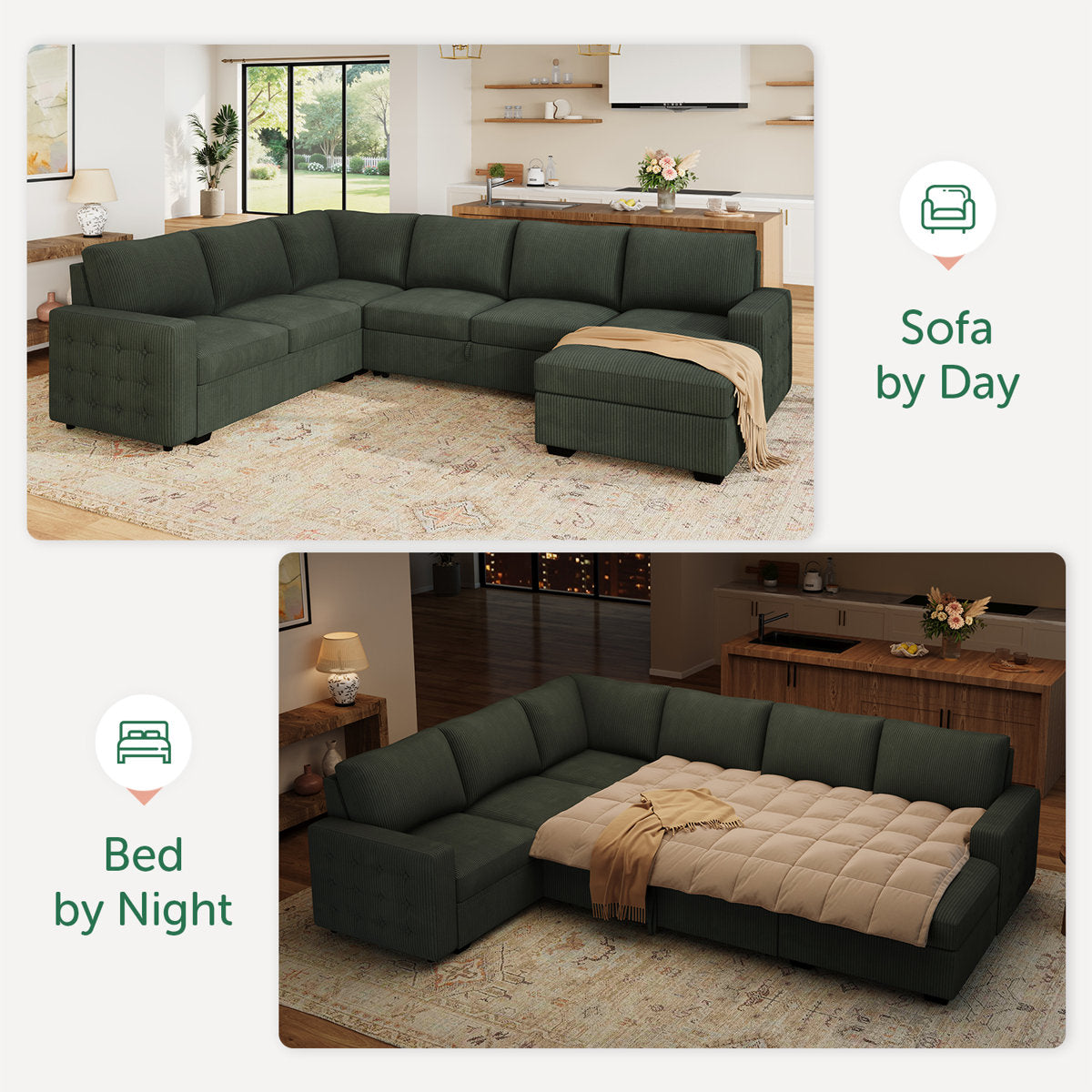 Honbay U-shaped Corduroy Sectional Sleeper Sofa Pull Out Sofa Bed