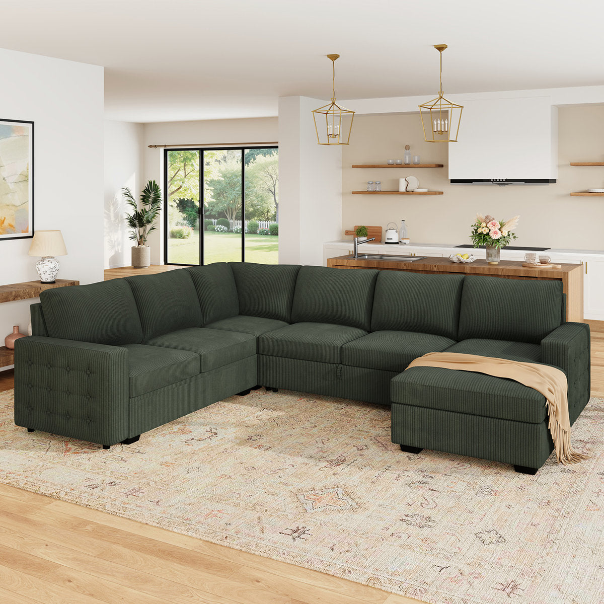 Honbay U-shaped Corduroy Sectional Sleeper Sofa Pull Out Sofa Bed