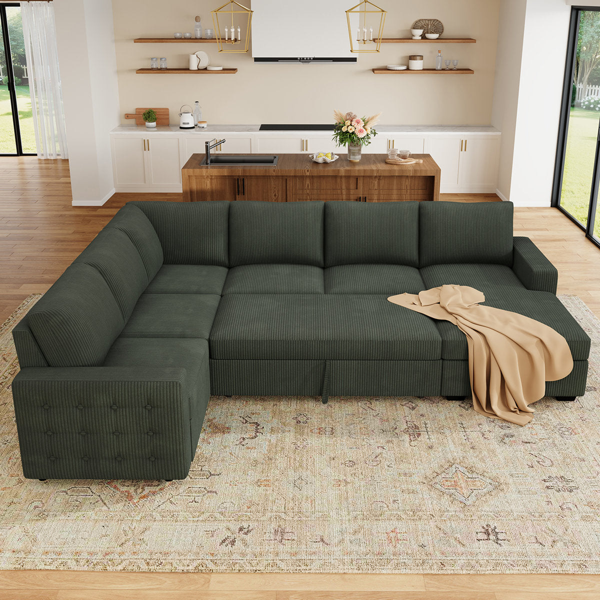 Honbay U-shaped Corduroy Sectional Sleeper Sofa Pull Out Sofa Bed