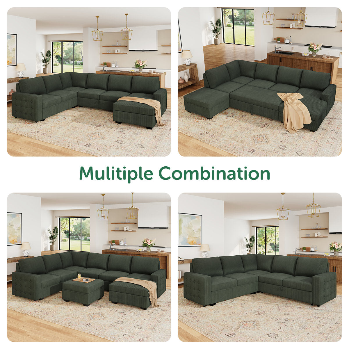 Honbay U-shaped Corduroy Sectional Sleeper Sofa Pull Out Sofa Bed