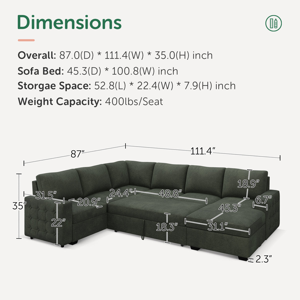 Honbay U-shaped Corduroy Sectional Sleeper Sofa Pull Out Sofa Bed