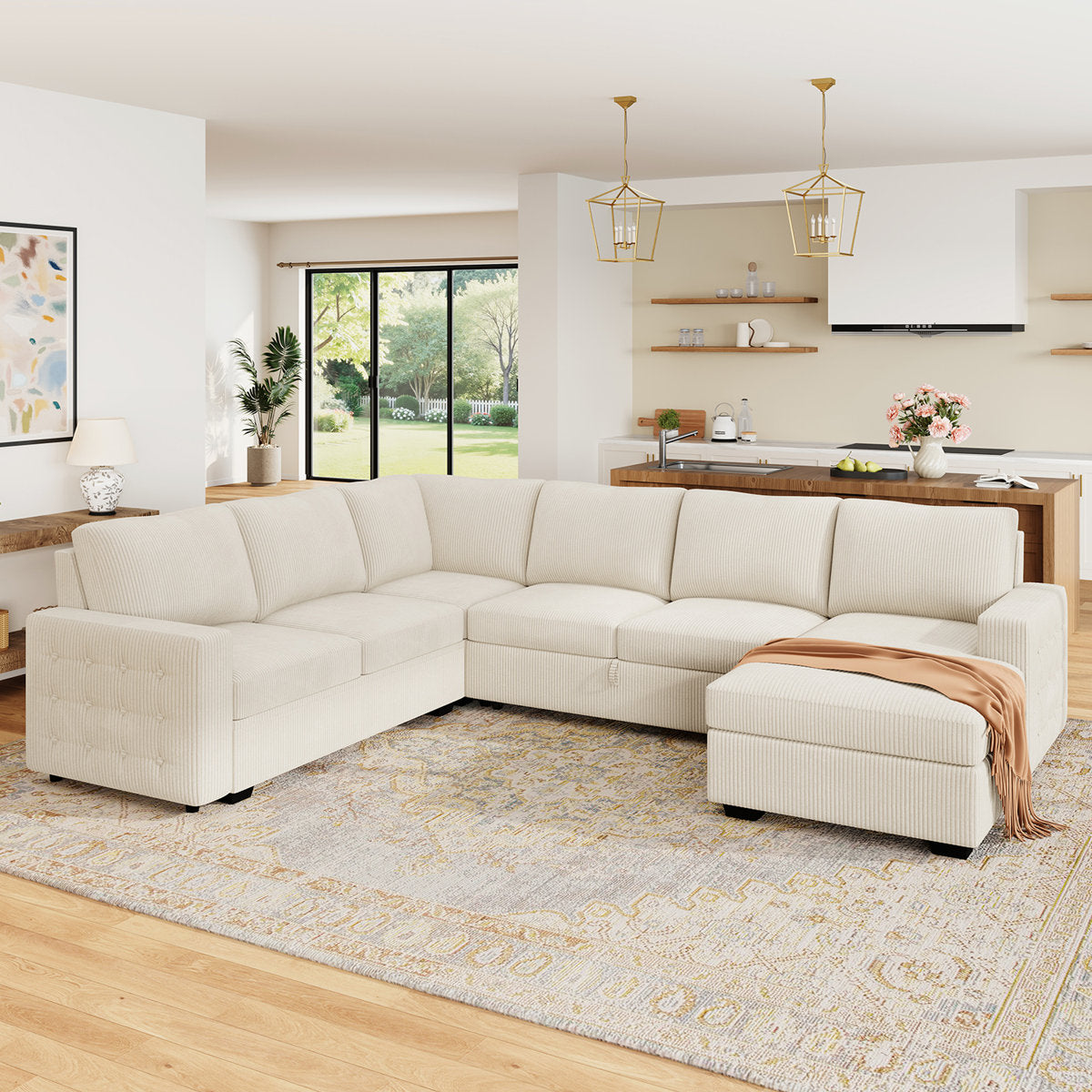 Honbay U-shaped Corduroy Sectional Sleeper Sofa Pull Out Sofa Bed