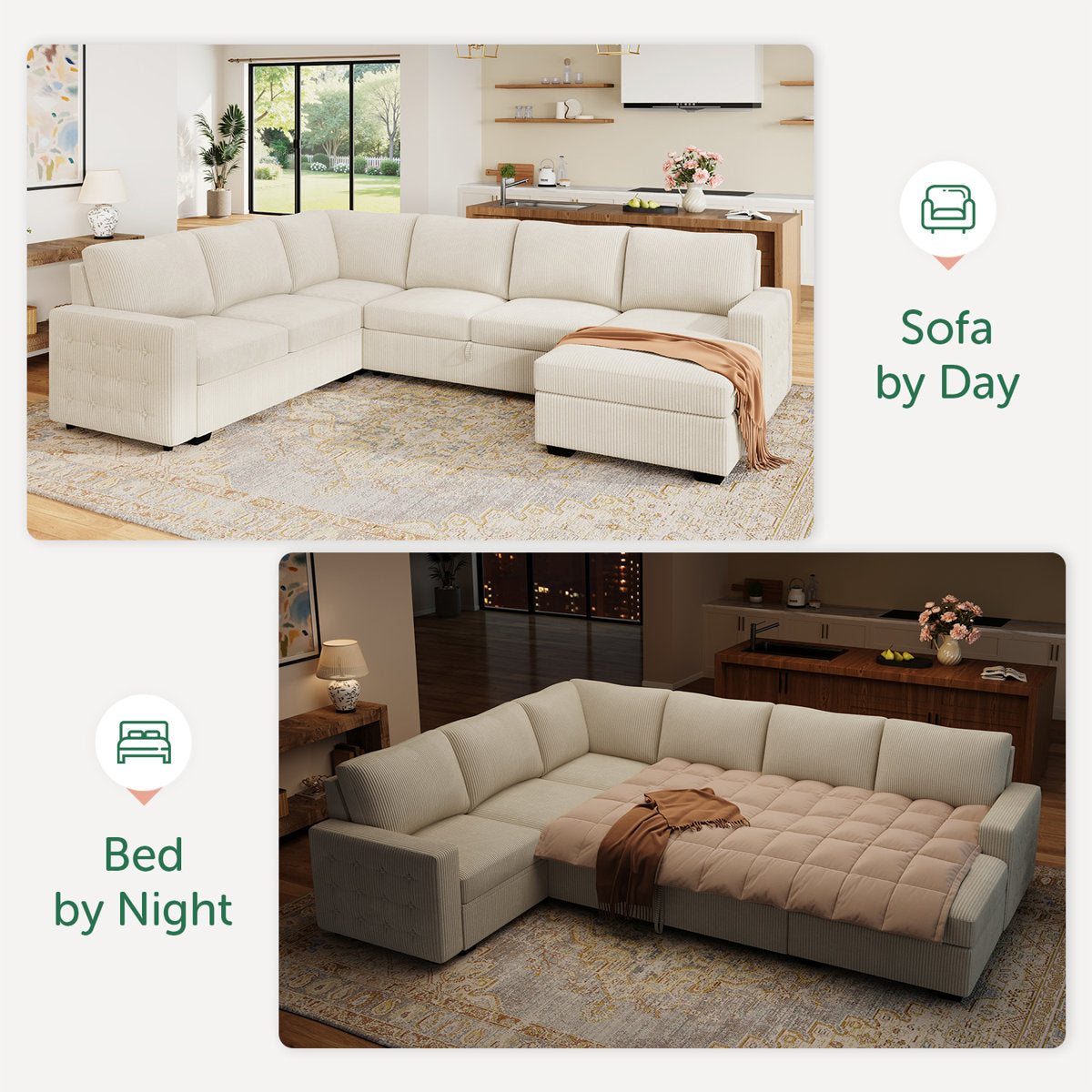 Honbay U-shaped Corduroy Sectional Sleeper Sofa Pull Out Sofa Bed