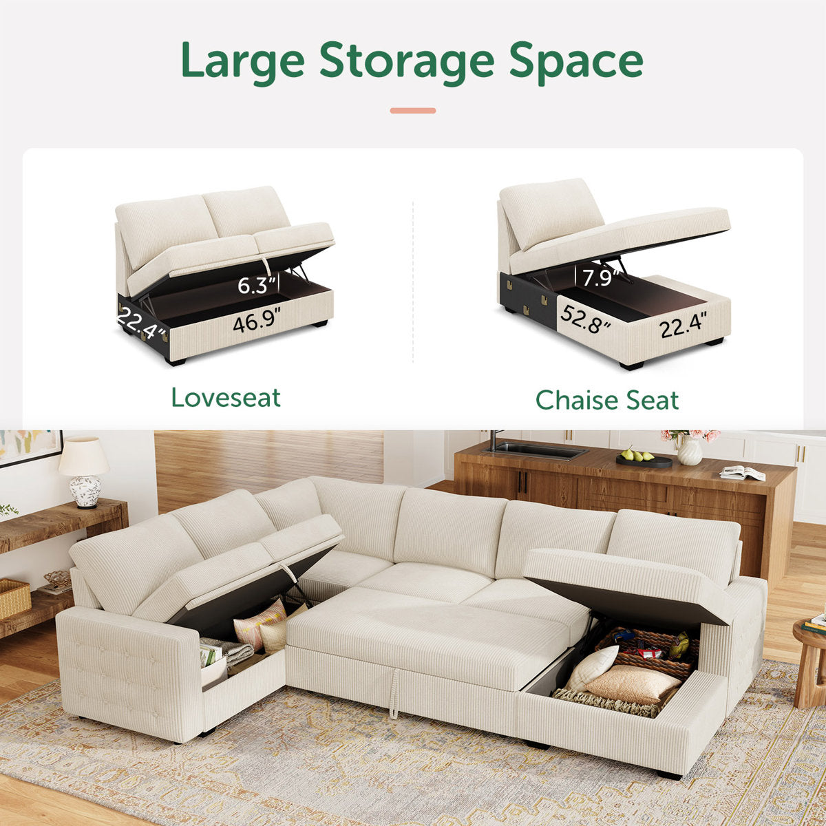 Honbay U-shaped Corduroy Sectional Sleeper Sofa Pull Out Sofa Bed