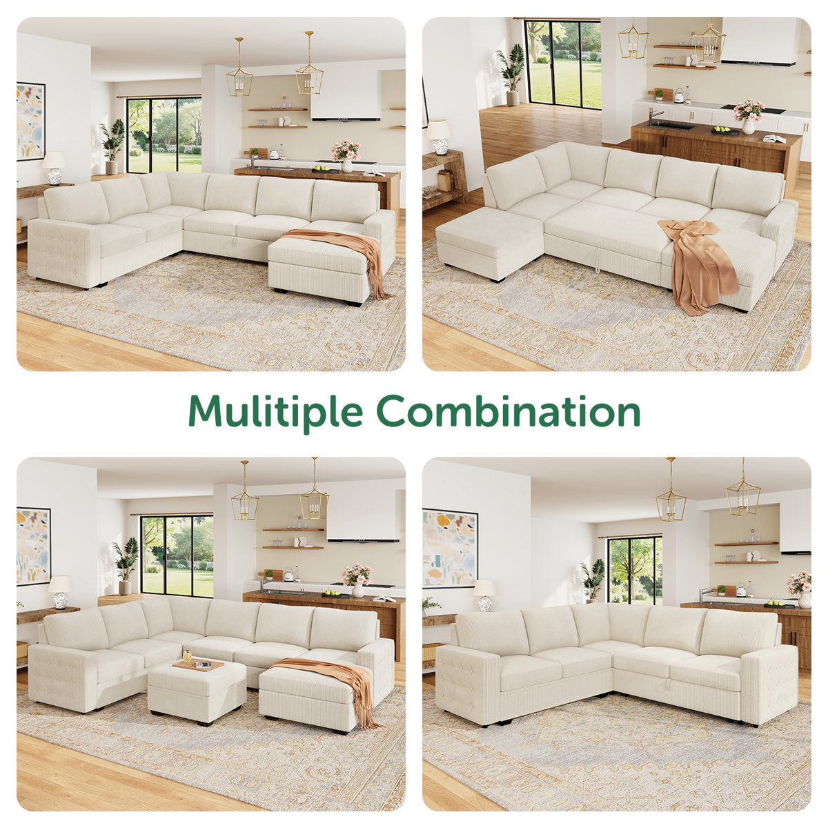 Honbay U-shaped Corduroy Sectional Sleeper Sofa Pull Out Sofa Bed