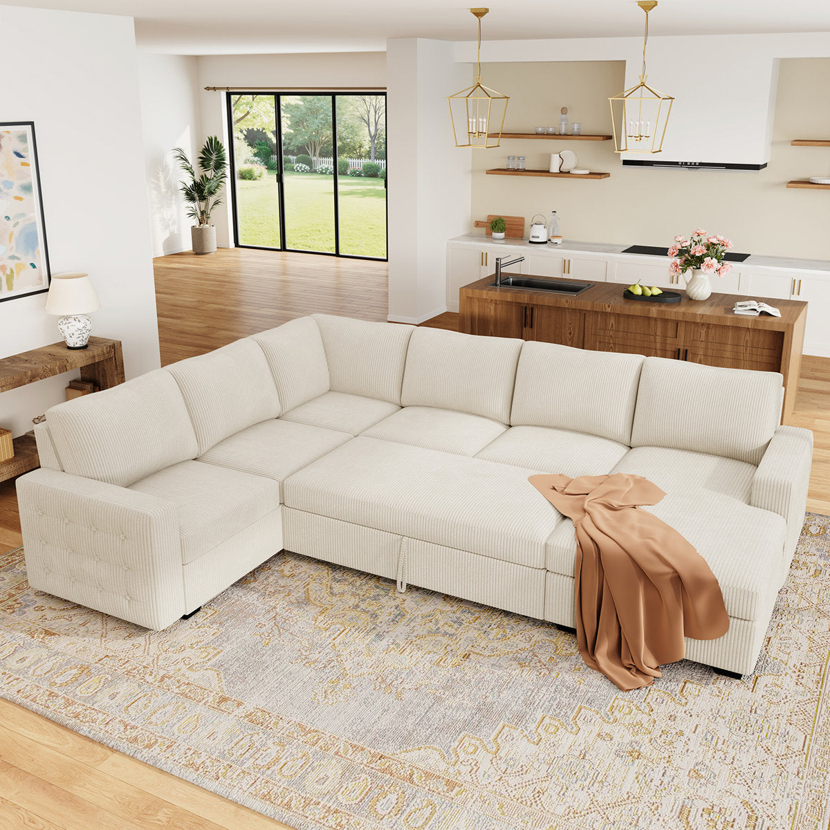 Honbay U-shaped Corduroy Sectional Sleeper Sofa Pull Out Sofa Bed