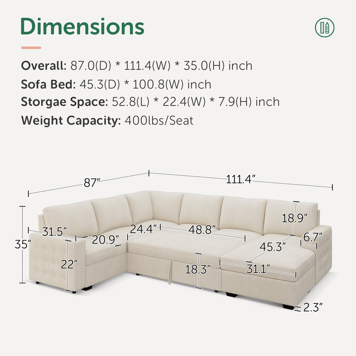 Honbay U-shaped Corduroy Sectional Sleeper Sofa Pull Out Sofa Bed