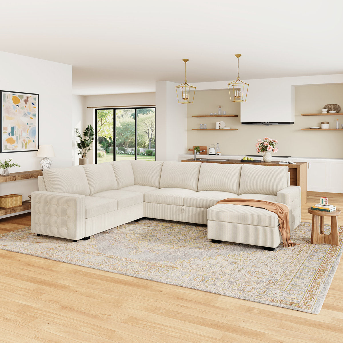 Honbay U-shaped Corduroy Sectional Sleeper Sofa Pull Out Sofa Bed