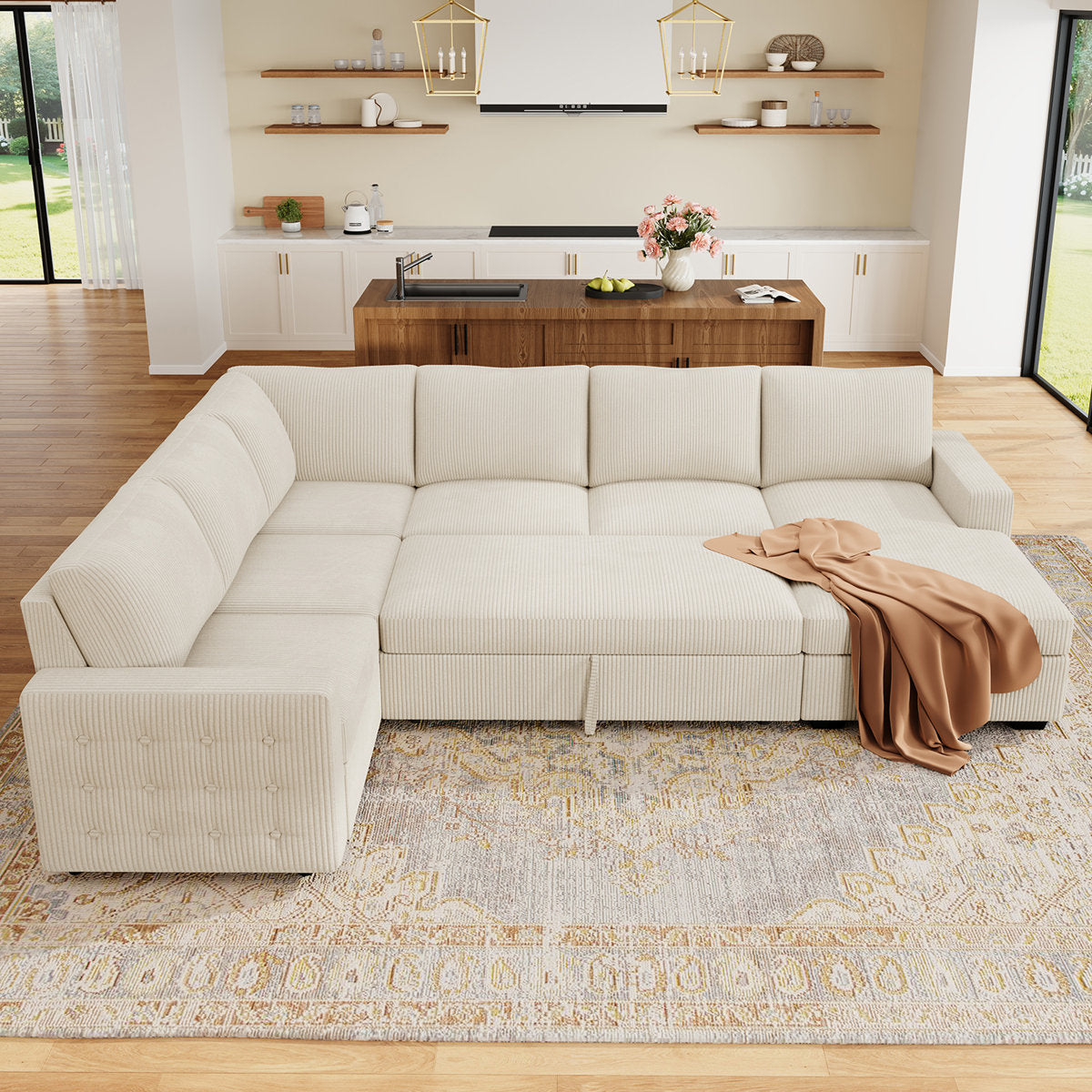 Honbay U-shaped Corduroy Sectional Sleeper Sofa Pull Out Sofa Bed