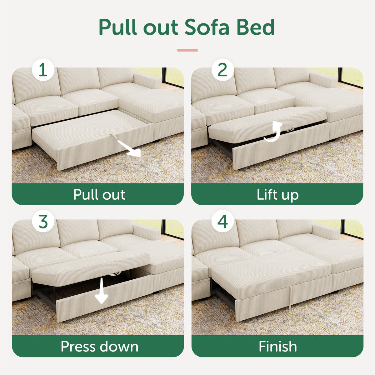 Honbay U-shaped Corduroy Sectional Sleeper Sofa Pull Out Sofa Bed