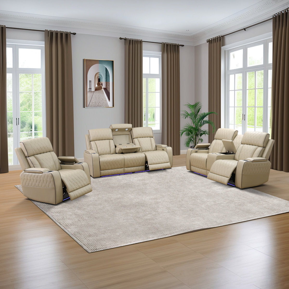 Humler Breathing Leather 3-Piece Reclining Living Room Set, Cream