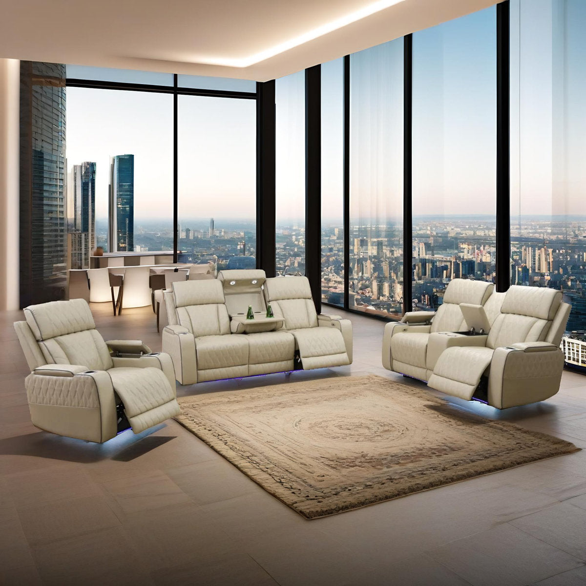 Humler Breathing Leather 3-Piece Reclining Living Room Set, Cream