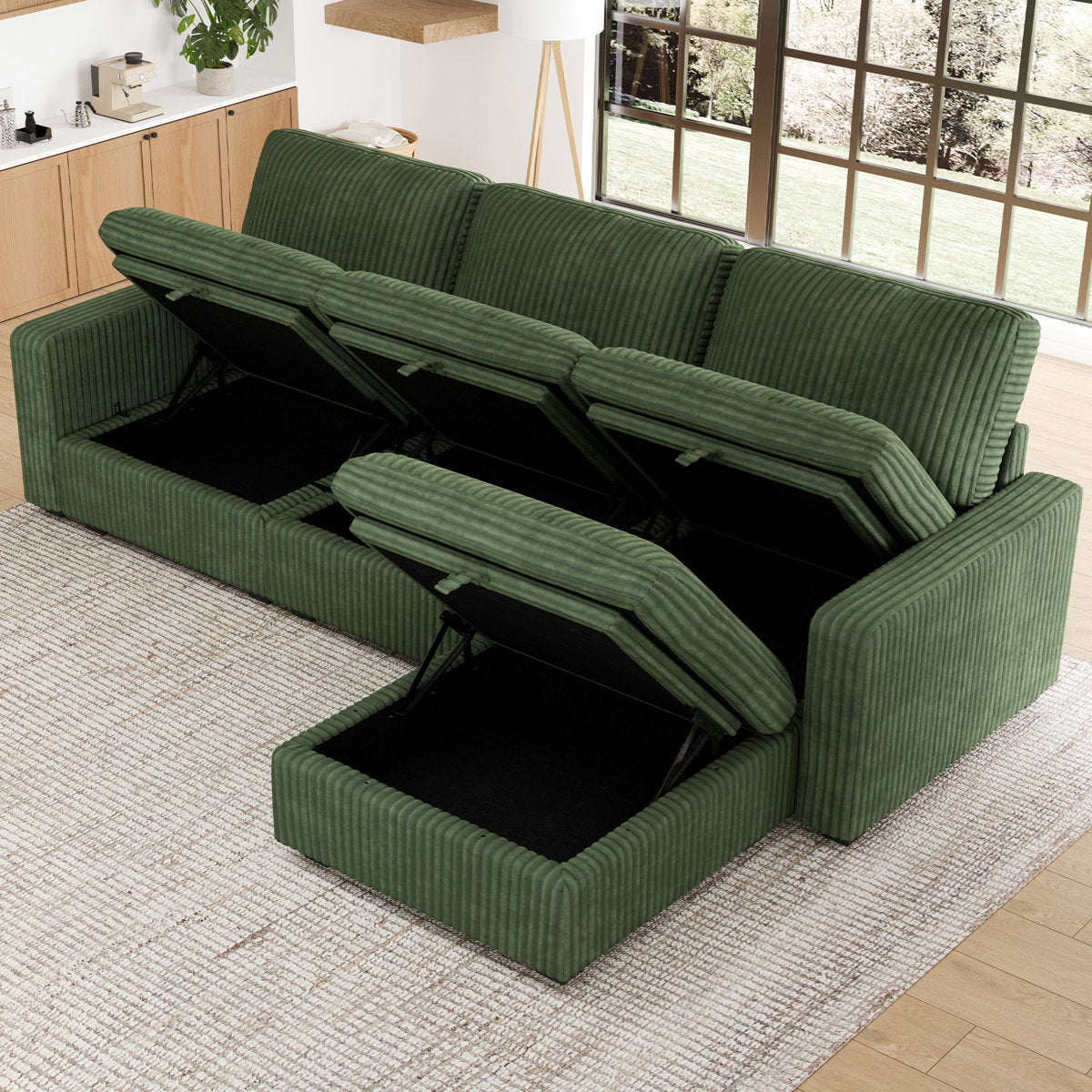 Hutcheson 101.5'' Wide L-Shaped 3-Seat Sofa Apartment Storage Couch With Detachable Cushion, Modular Sectional Sofa With Ottoman