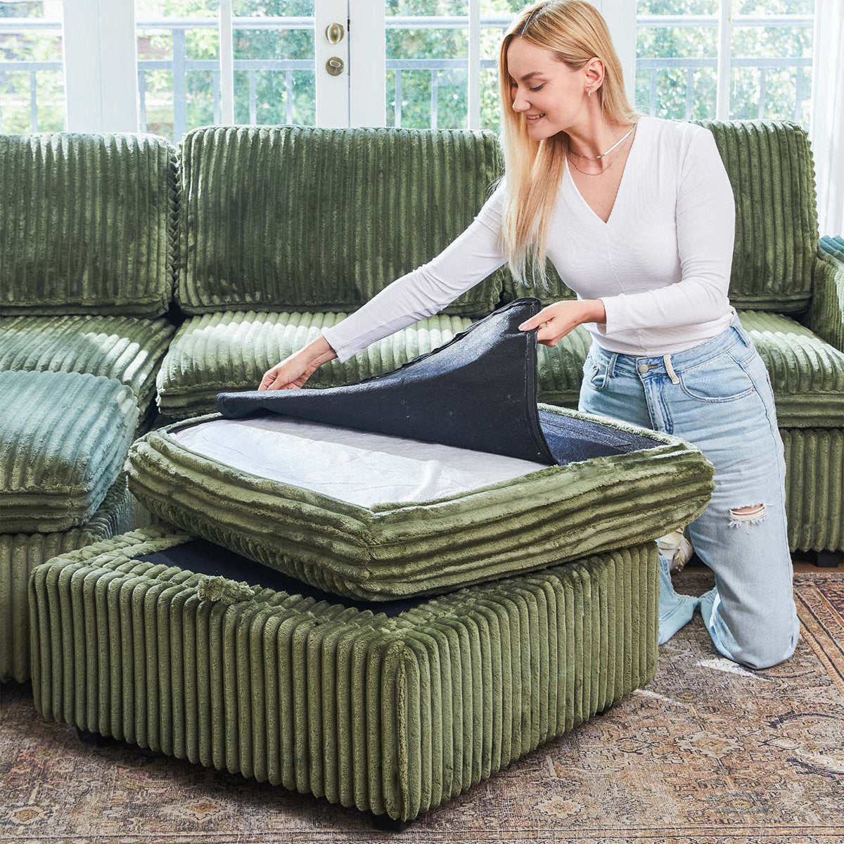 Hutcheson 101.5'' Wide L-Shaped 3-Seat Sofa Apartment Storage Couch With Detachable Cushion, Modular Sectional Sofa With Ottoman