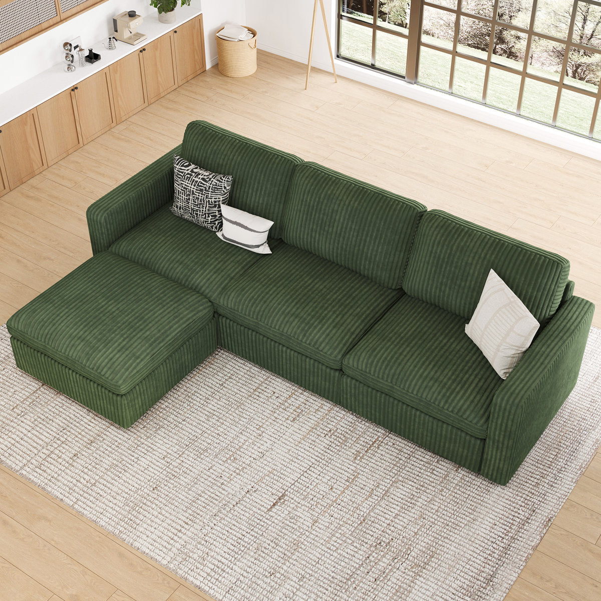 Hutcheson 101.5'' Wide L-Shaped 3-Seat Sofa Apartment Storage Couch With Detachable Cushion, Modular Sectional Sofa With Ottoman