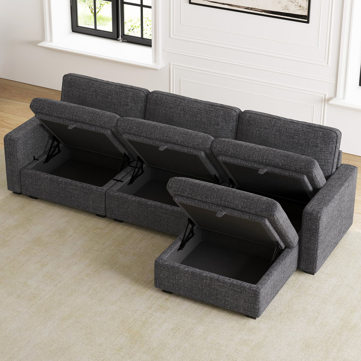 Hymes 101.5'' Wide L-Shaped 3-Seat Sofa Apartment Storage Couch With Detachable Cushion, Modular Sectional Sofa With Ottoman