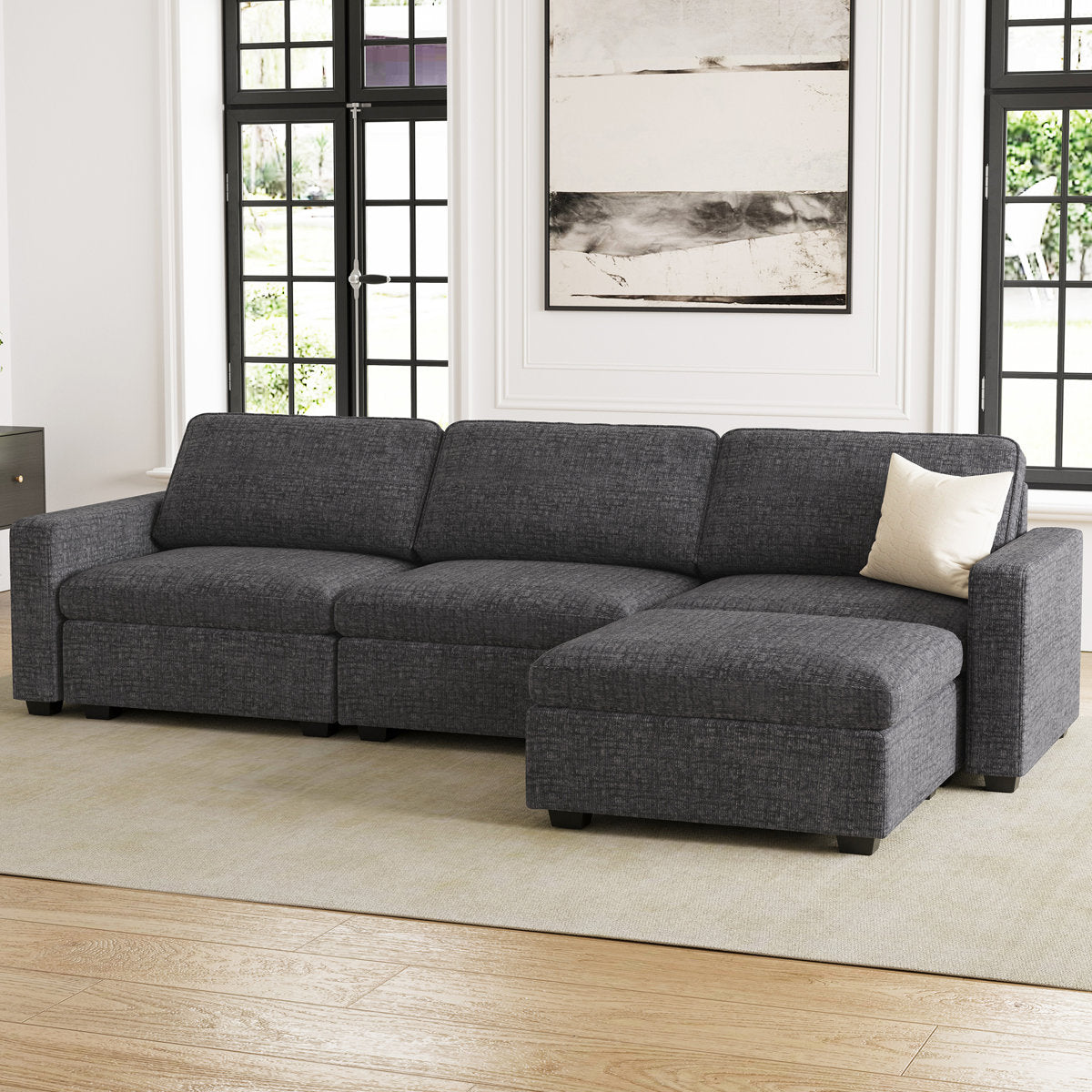 Hymes 101.5'' Wide L-Shaped 3-Seat Sofa Apartment Storage Couch With Detachable Cushion, Modular Sectional Sofa With Ottoman