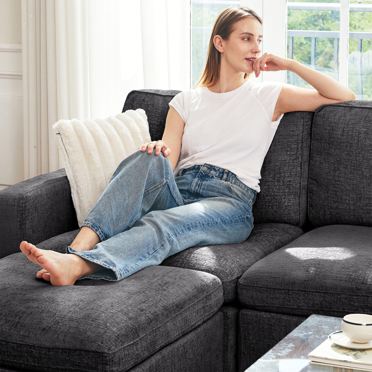 Hymes 101.5'' Wide L-Shaped 3-Seat Sofa Apartment Storage Couch With Detachable Cushion, Modular Sectional Sofa With Ottoman