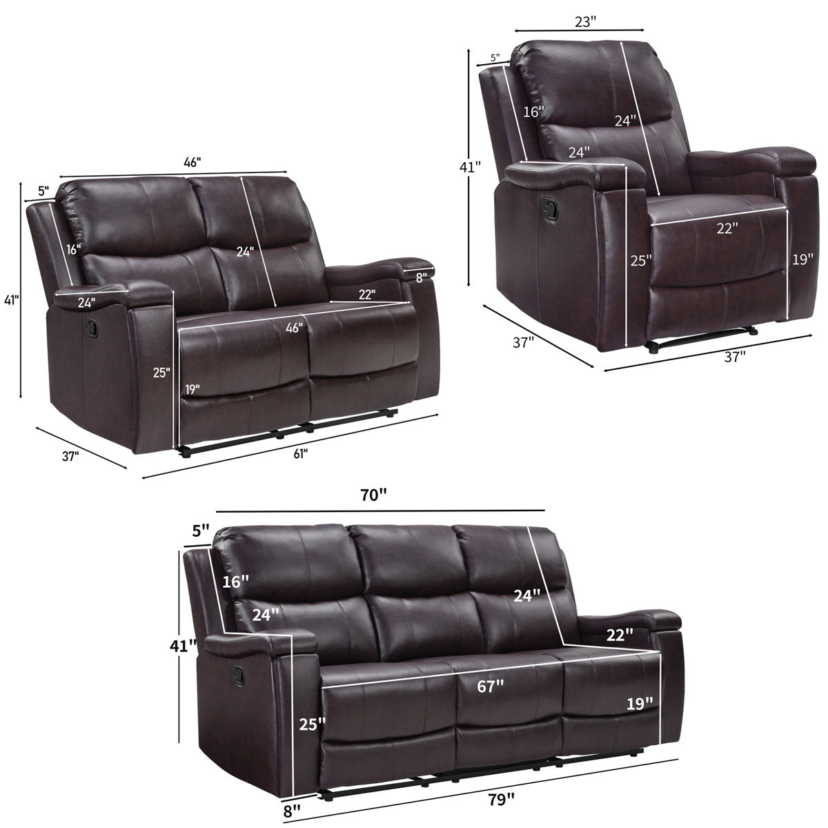Ilkeston 3-Piece Vegan Leather Manual Reclining Living Room Set with Hidden Cupholder