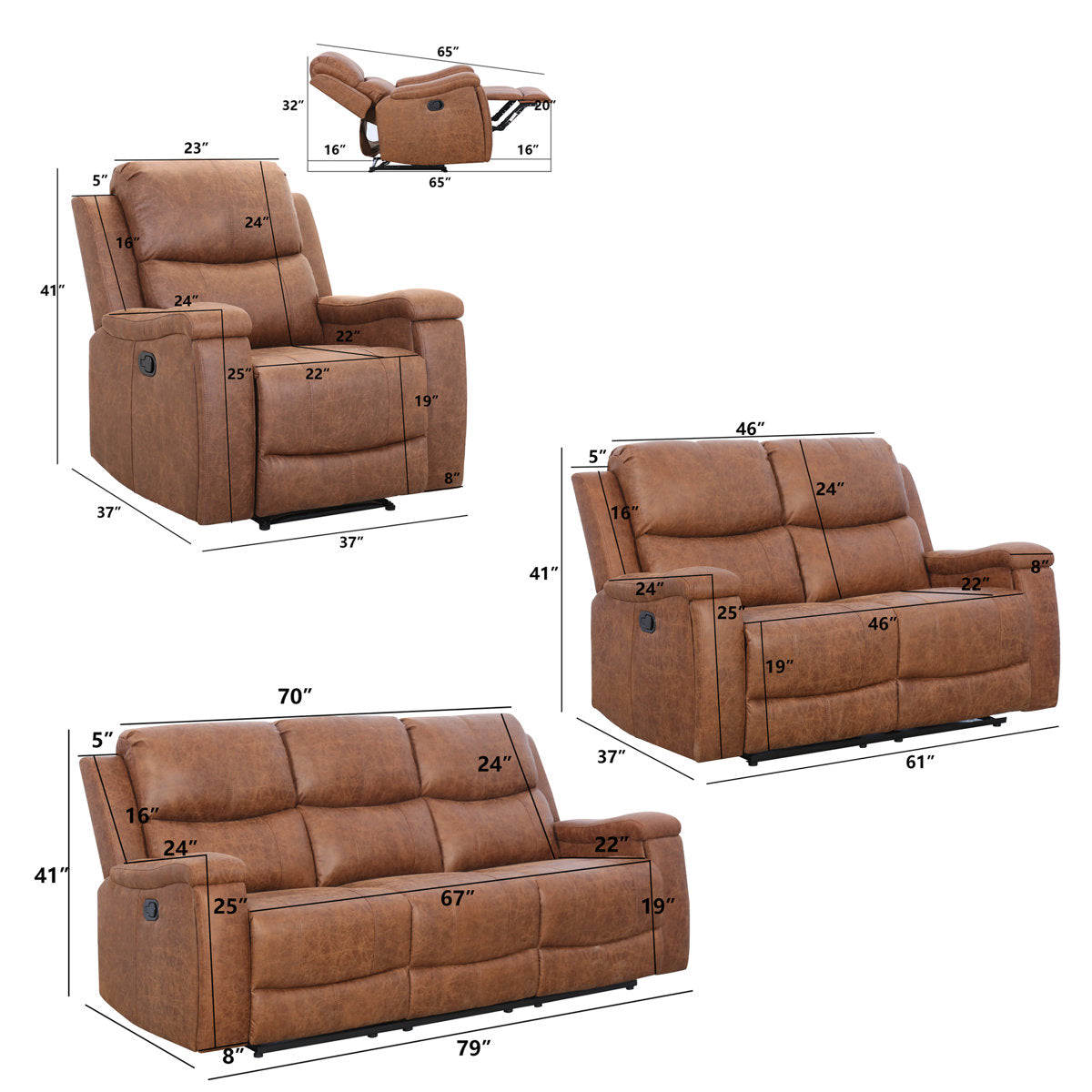 Ilkeston 3-Piece Vegan Leather Manual Reclining Living Room Set with Hidden Cupholder