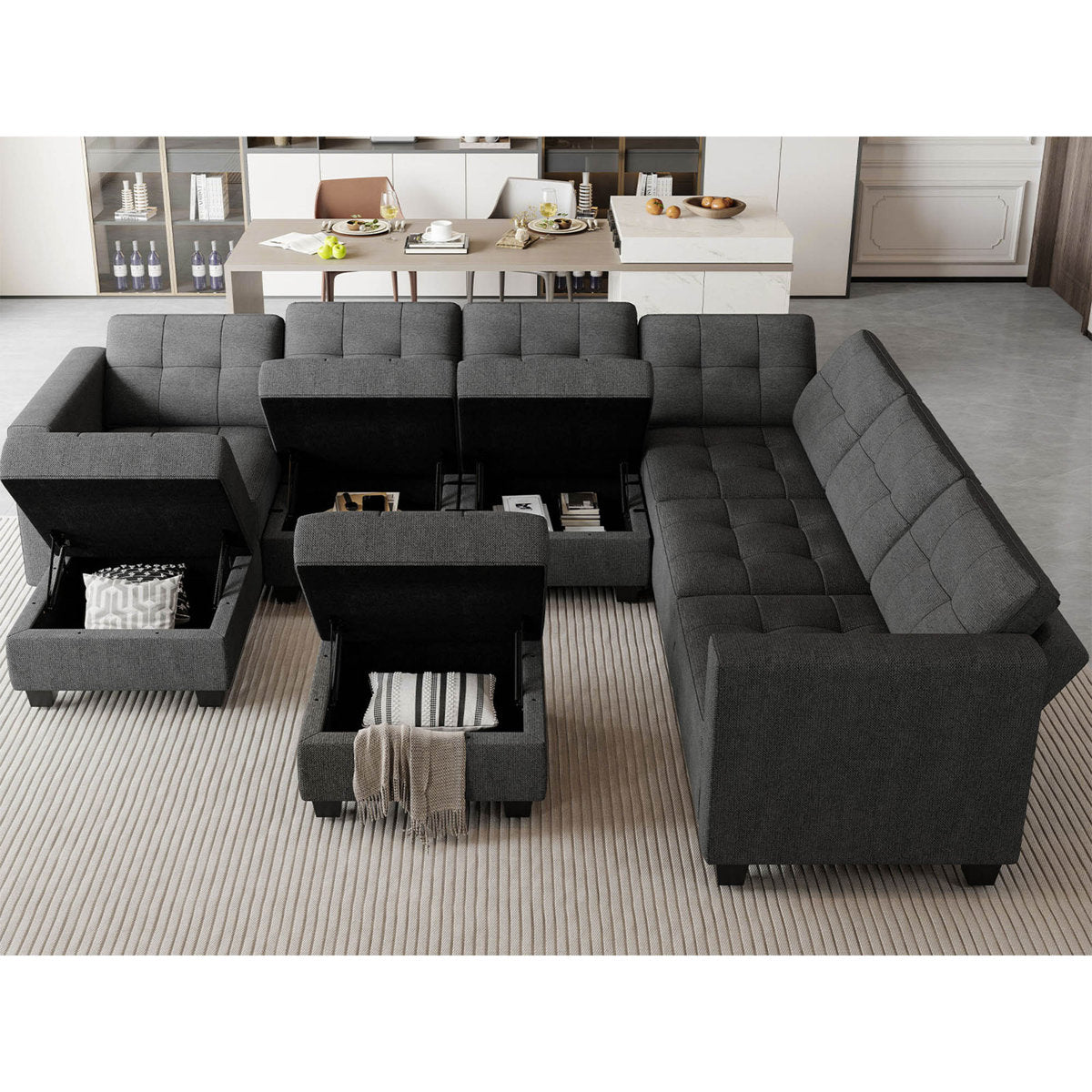 Ivery 116.6" Wide Linen Reversible Modular Sofa Living room Sectional Couch with Storage Ottoman